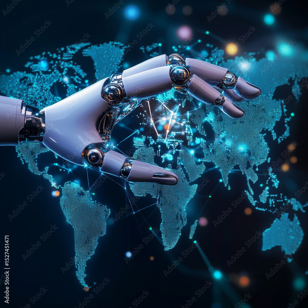 Poster robot hand holding a devops icon in a digital landscape, and a world map backdrop, symbolizing autom