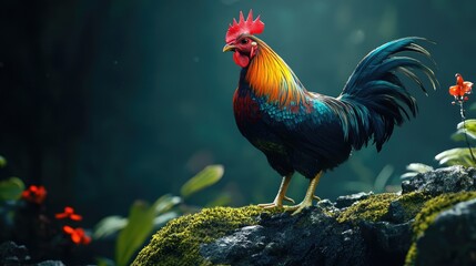 Fototapeta premium Vibrant rooster perched on mossy rock in a lush forest