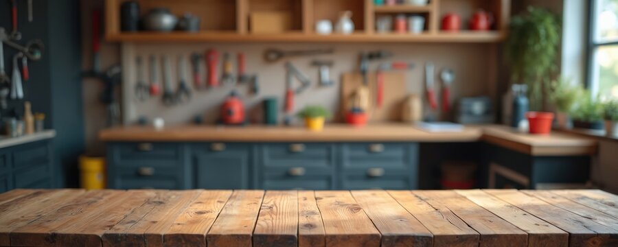 Empty wooden table top with blurred home workshop background. Mechanic tools and workbench. Garage interior for product display. Bricolage hobby, handyman. Perfect for product montage.