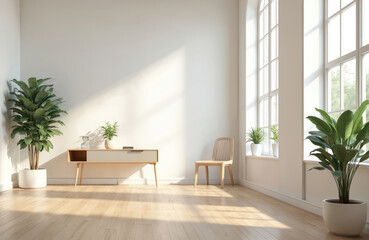 Modern interior room design with plants, window, wooden floor. Empty home apartment design, sunlight and shadows. Minimalist style, comfort, luxury and new. Scandinavian style. Nobody.