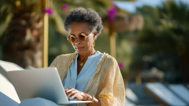 African american woman using laptop computer while relaxing on lounge chair outdoors during vacation. Remote work and digital nomad concept.
