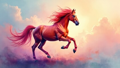 AI-generated illustration of running horse with red mane, tail. Animal leaps through vibrant cloudy sky. Expressive artwork evokes strength passion. Horse silhouette against dreamy backdrop.