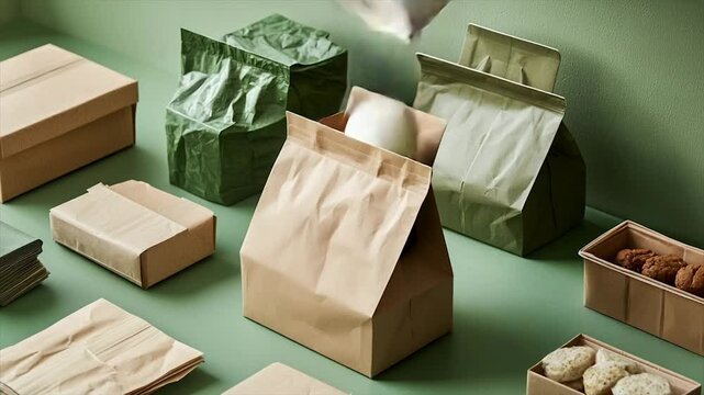 Sustainable packaging assortment; various sizes, shapes, and earthy tones of paper bags and boxes
