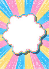 サンバーストとフレームの背景、集中線とキラキラのデコレーション、ポップなデザイン、雲型のフレーム、縦向き