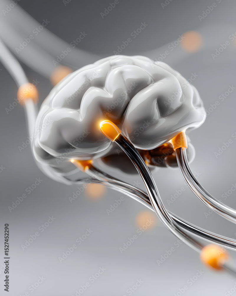 Poster digital surrealism featuring a cybernetic brain connected to a network of holographic data streams, 