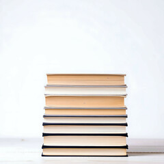 Stack of beige and gray books on a white background in soft lighting and calm composition