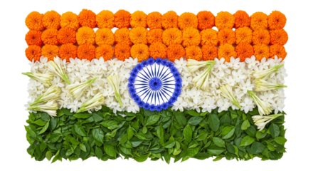 Patriotic Indian flag artfully crafted from vibrant marigold flowers, fragrant jasmine blossoms, and lush green leaves, ideal for Independence Day, Republic Day, cultural celebrations,