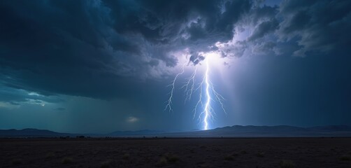 Long shot of powerful lightning strikes during thunderstorm at night sky. Dark storm clouds, dramatic weather, natural disaster, climate change concept. Electric strikes over landscape.