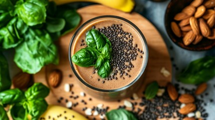 Chocolate smoothie topped with chia seeds and basil, surrounded by ingredients like bananas, almonds, and spinach
