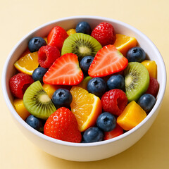 Colorful Fresh Fruit Salad with Strawberries, Blueberries, Kiwi, Orange Slices, and Raspberries in White Bowl
