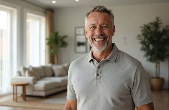 Smiling man in his 40s in grey polo shirt against minimalistic living room interior. Casual outfit, classic style, preppy clothing. Happy male portrait indoor in cozy home ambiance.