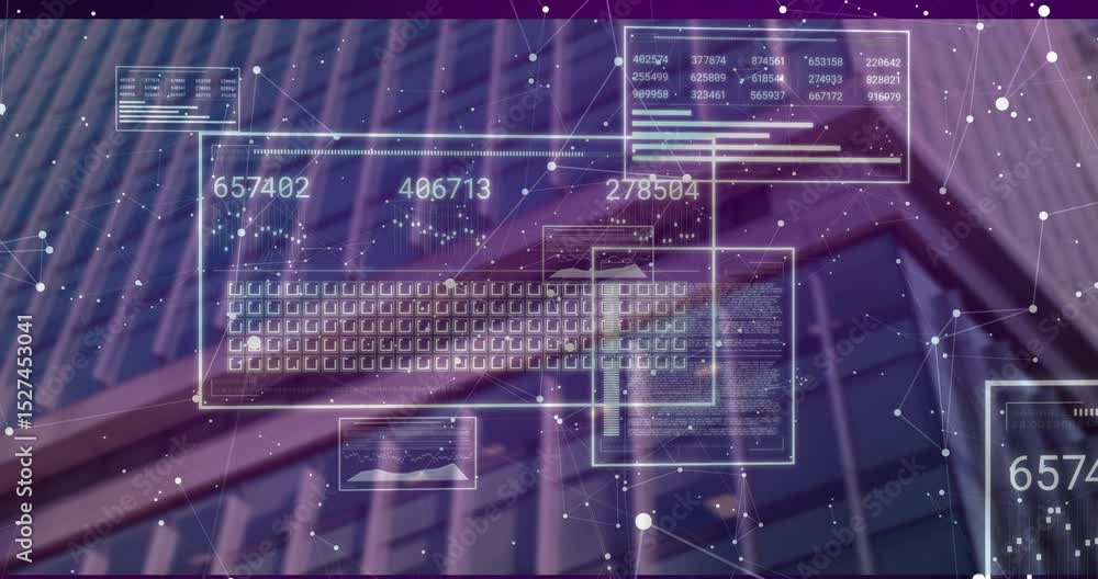 Poster purple facade loading holographic panels forming keyboard grid animating numeric data for analytics