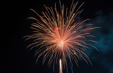 Obraz premium Vibrant fireworks explosion against black night sky. Festive lights salute with bright colors. Explosive display includes bursts, flash, fire effects during holiday celebration.