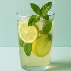 Refreshing Glass of Lemon Water with Fresh Mint Leaves, Healthy Detox Drink on Soft Green Background