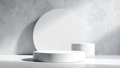 Fototapeta premium Showcase or display for products with circular pedestal on a rough white background. Space concept for product promotional sales presentations.