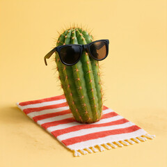 Cool Cactus Wearing Black Sunglasses Sitting on Red and White Striped Towel Against Yellow Background, Fun Summer Concept