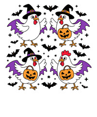 "Whimsical Halloween Chickens as Ghosts with Pumpkins and Witches' Hats – Playful Halloween T-shirt Design"