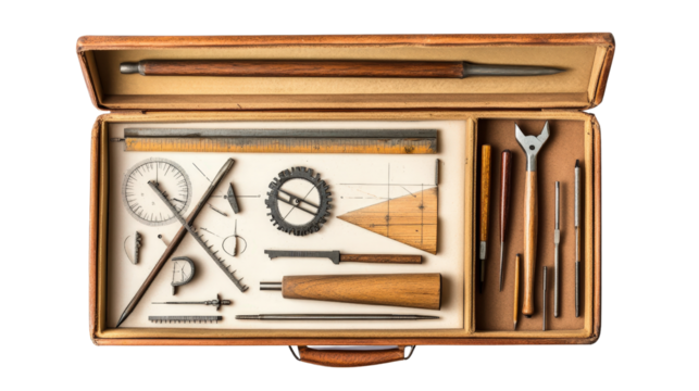 Geometry set in case with tools displayed, Transparent background, PNG file