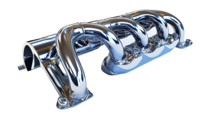 Exhaust manifold with chrome finish, Transparent background, PNG file