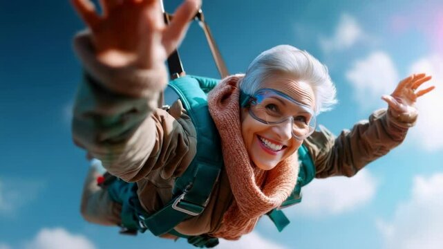 Smiling older woman in goggles jumps from airplane. Active senior enjoying extreme sport. Adventure and freedom concept for travel or retirement.