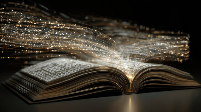 Conceptual image of open textbook with pages turning into binary code and light trails, representing fusion of knowledge and artificial intelligence - Powered by Adobe