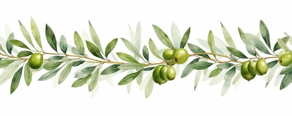 Watercolor illustration features olive branch border. Green olives, leaves, elegant design on white background. Natural organic olive, healthy food concept. Suitable for design, packaging, print, eco