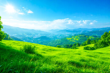 Obraz premium The serene beauty of nature surrounded by lush trees, lush green meadows, colorful flowers, majestic mountains, and calm rivers under the clear sky, symbolizes beauty and peace.