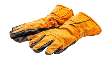 Flame-resistant gloves for welding or fire handling, heatproof fabric, Transparent background, PNG file