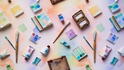 Watercolor seamless pattern of art supplies including brushes, paint tubes, color palettes, and sketchbooks in soft rainbow tones