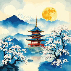japanese pagoda and cherry blossoms background