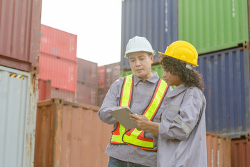 Engineer and foreman worker team in hardhat and safety vest checking containers box from cargo, Engineers with tablet managing cargo operations, Teamwork concepts