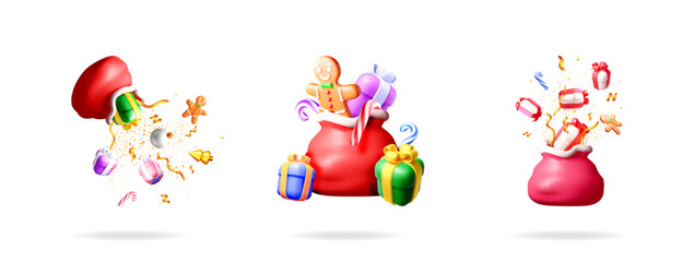 Obraz premium Set of 3D vector illustrations featuring christmas hat and santa bags with presents, candies, and gingerbread man with golden confetti. Greeting card design for holiday.