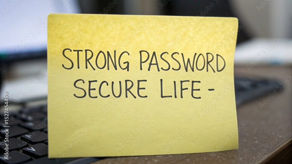 Poster secure password and training concept. sticky note with security reminder on a keyboard.