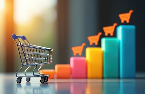 Shopping cart near colorful bar graph, sales analysis business concept. Commerce, retail, marketing, financial success strategy visualization of growth, trend with cart icons. E-commerce, online - Powered by Adobe
