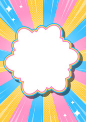 ハーフトン柄入りのサンバーストとフレームの背景、集中線とキラキラのデコレーション、ポップなデザイン、雲型のフレーム、縦向き