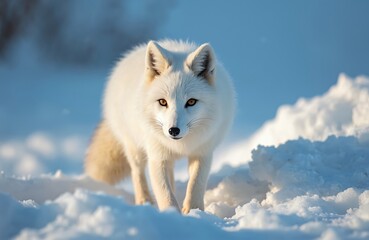 Obraz premium Arctic fox in winter tundra. White fluffy fur, brown eyes, alert look. Cold environment. Wild mammal animal predator. Sunny winter day in the wild nature. Snow background, wildlife photo.