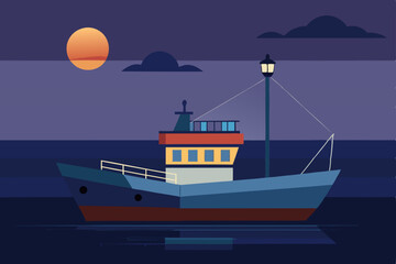 Serene Night at Sea Fishing Boat Under the Sunset