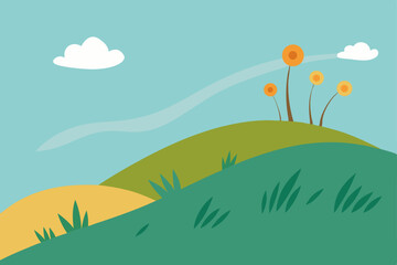 Serene Hilltop Landscape  A Gentle Breeze and Blooming Flowers