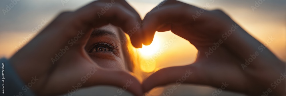 Aufkleber Heart-shaped Hands Frame an Eye Against a Beautiful Sunset Backdrop With an Empty Space on the Right Side