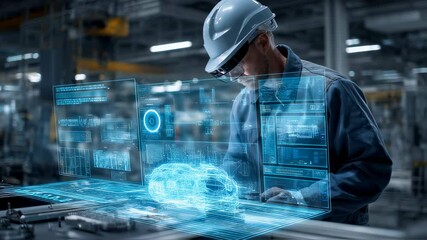 Professional automotive engineer analyzing futuristic electric car prototype using holographic interface and augmented reality software within advanced manufacturing facility - Powered by Adobe