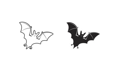 Cute Halloween Bat Outline and Silhouette Vector Illustration on White Background