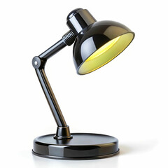 A sleek black desk lamp on a white background, symbolizing