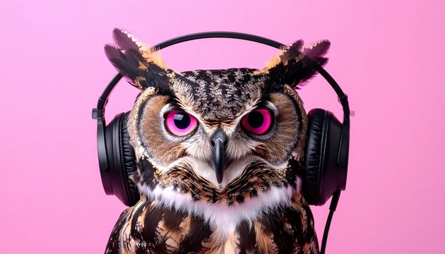 Owl wearing headphones against a pink background