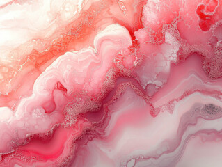 Vibrant abstract painting features swirling shades of red, pink, and white, creating fluid and dynamic composition. texture resembles marbled patterns with sense of movement