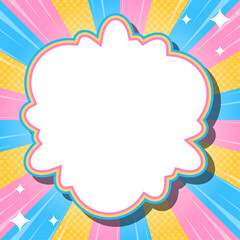 ハーフトン柄入りのサンバーストとフレームの背景、集中線とキラキラのデコレーション、ポップなデザイン、雲型のフレーム、正方形サイズ