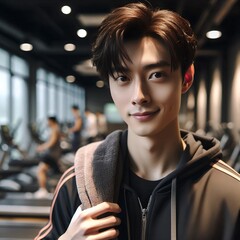 Young Asian Man Smiling in Gym with Towel Over Shoulder for Active Lifestyle and Fitness Motivation with Generative AI.