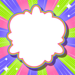 ハーフトン柄入りのサンバーストとフレームの背景、集中線とキラキラのデコレーション、ポップなデザイン、雲型のフレーム、正方形サイズ