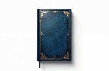 Top view of blue book with detailed leather cover, decorative golden elements isolated on white background. Vintage design, classic edition, school study theme. Ideal for reading, education concepts.