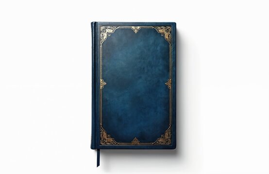 Top view of blue book with detailed leather cover, decorative golden elements isolated on white background. Vintage design, classic edition, school study theme. Ideal for reading, education concepts.