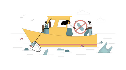 The concept of stop ocean plastic pollution. People on the ship with a stop trash sign.eps